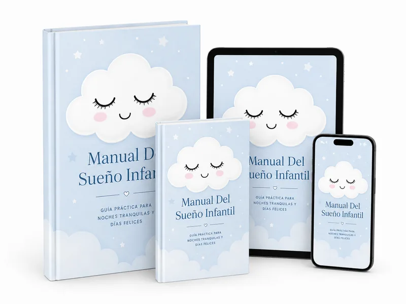 Mockup del Manual del Sueño Infantil en libro, tablet y móvil