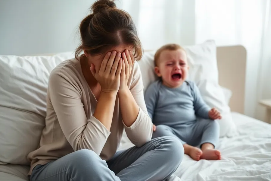 Madre agotada con bebé llorando